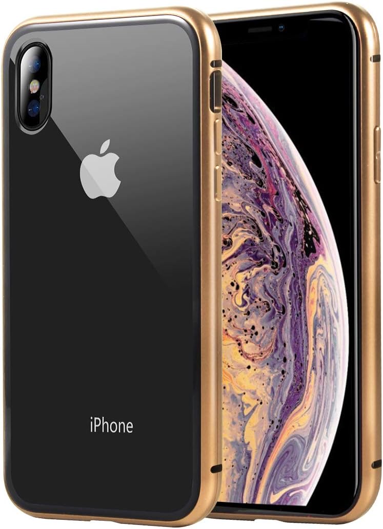 FiveADD Magnetic Adsorption Case for iPhone Xs Max/Xr/XS/X Built-in Tempered Glass Screen Protector Basic Cover Case Metal Frame Clear Back and Front