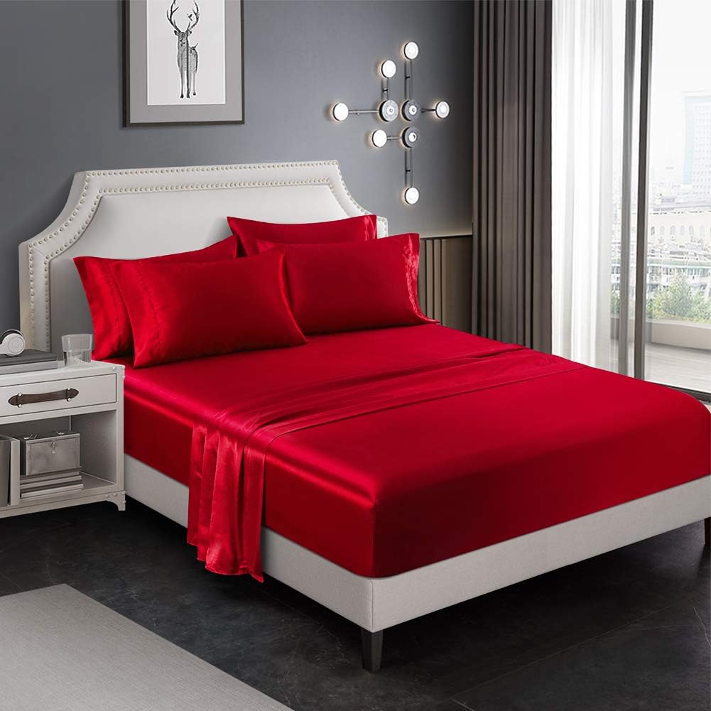 AiMay 6 Piece Satin Bedding Sheet Pillowcase Sets Deep Pocket Luxury Rich Silk Silky Super Soft Solid Color Reversible Sexy Honeymoon Stain-Resistant Wrinkle Free (Queen, Burgundy: Kitchen & Dining