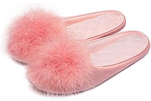 GRITHEIM Women's Fuzzy Pom Pom Velvet Memory Foam House Slippers Ladies Cozy Chenille Knit Bedroom Slippers Non-slip Sole Indoor Outdoor