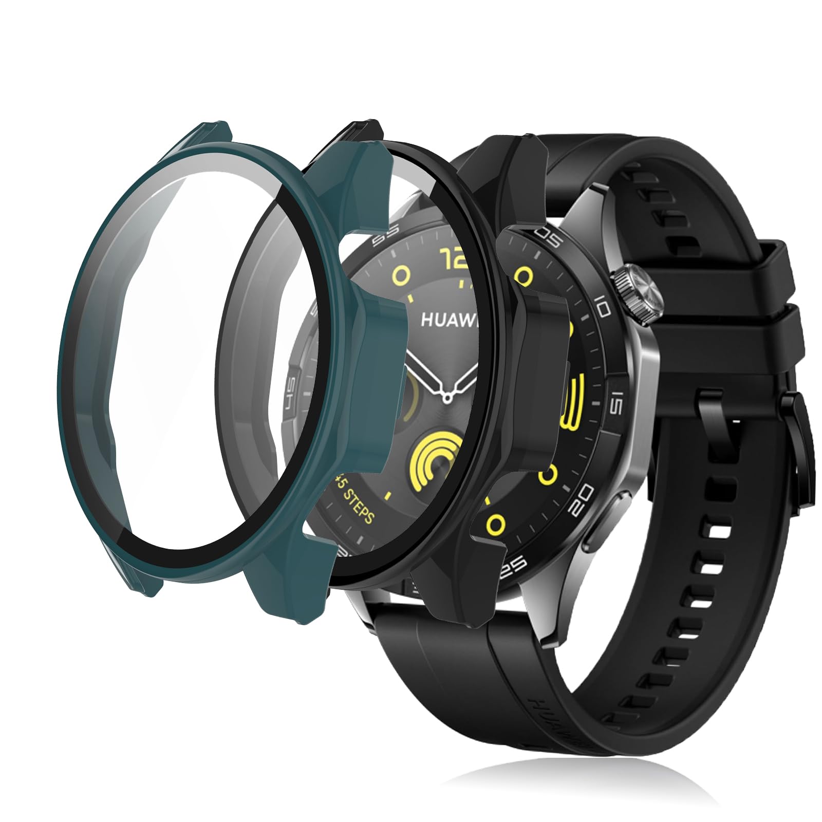[2Pack] Case for Huawei Watch GT 4 46mm Tempered Glass Screen Protector，PC Hard Case Tempered Glass Screen Protection Cover Slim Full Cover Scratch Proof Protector，Black+Green