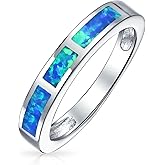 Bling Jewelry Personalize Geometric Eternity Blue Or Pink Created Opal Inlay Stackable Band Ring For Women October Birthstone .925 Sterling Silver