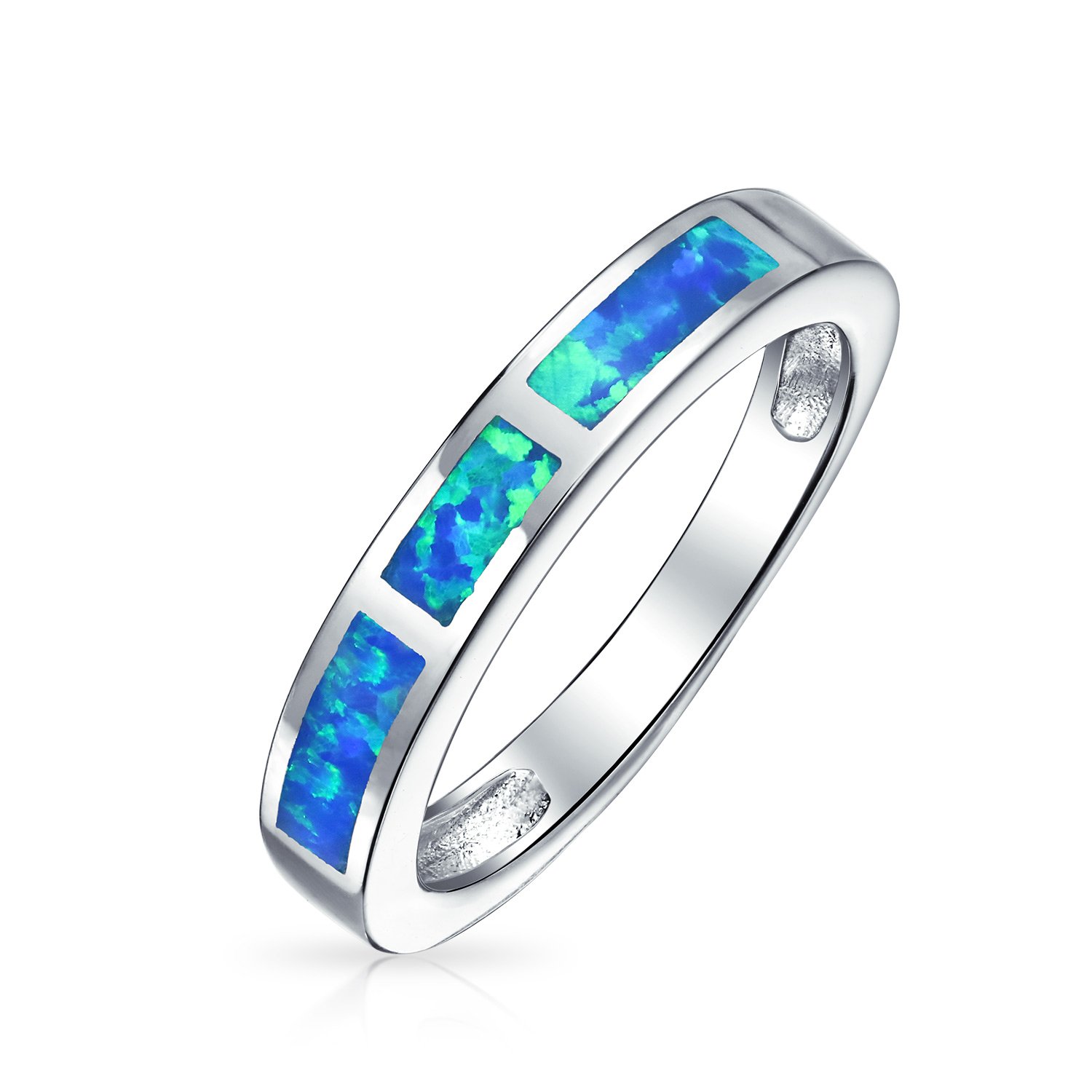 Blue Created Opal Inlay Pave Cubic Zirconia Solitaire Ring For Women .925 Sterling Silver October Birthstone