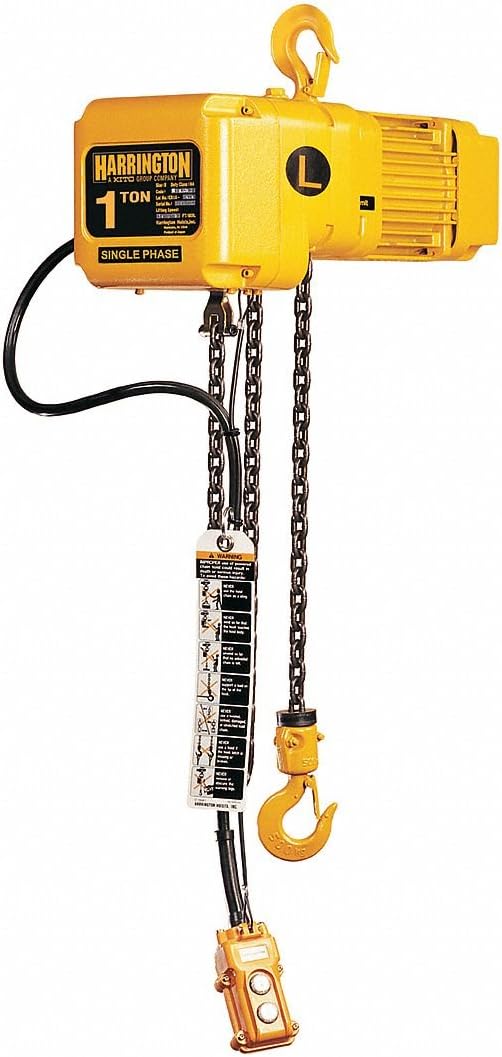 Harrington SNER010S-15 Series SNER Single Phase Electrical Hook Mount Chain Hoist, Single Standard Speed, 1 Tons Capacity, 15' Lift