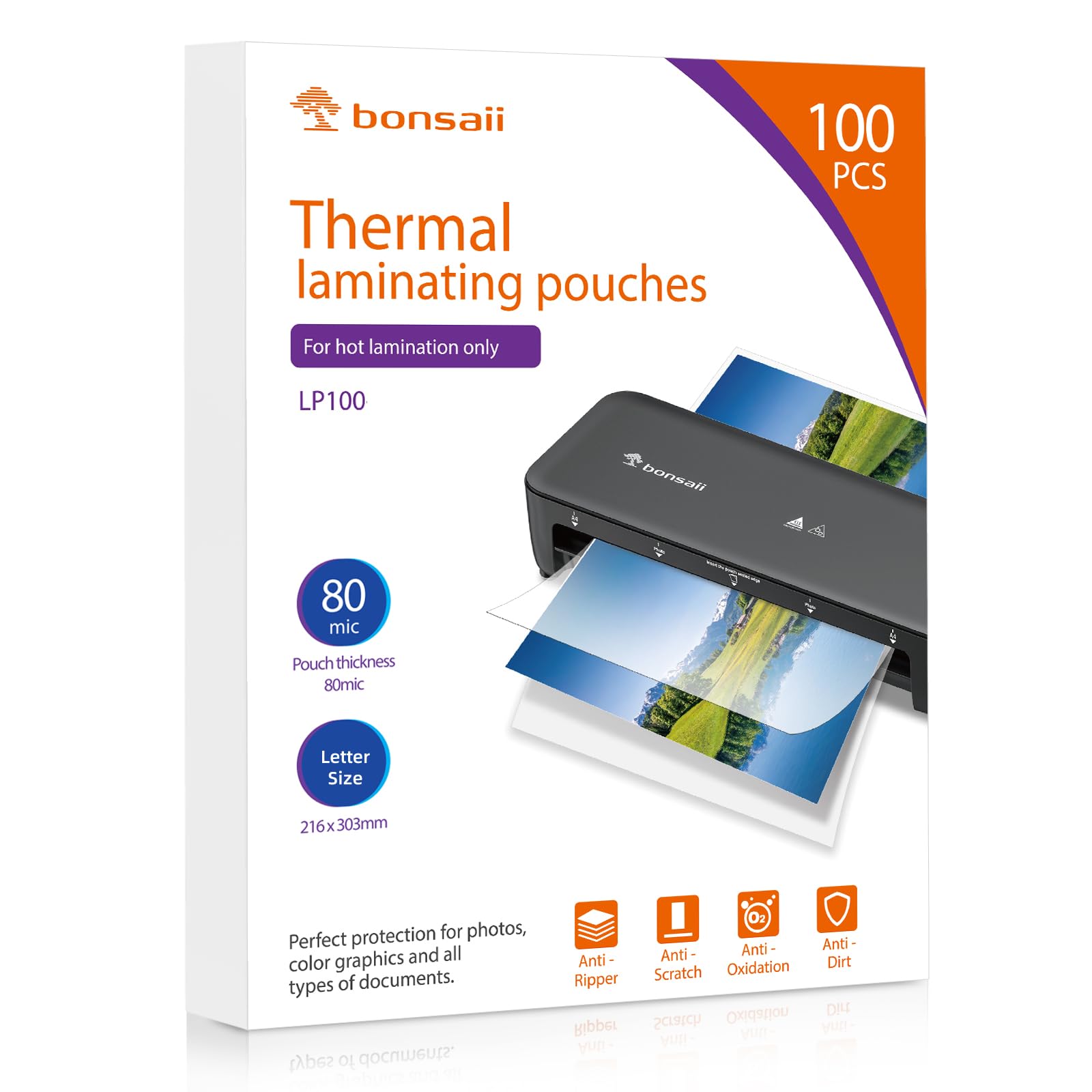 Bonsaii A4 Laminating Pouches, 100 Sheets, 160 Microns (2×80 Microns), Glossy Finish, Clear and Durable, Ideal for Notices and Photos (LP100-A4)