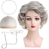 Giococo Old Lady Wig and Accessories, Gray Wigs for Women, Natural Appearance, Breathable and Comfortable, Suitable for Role Playing, Halloween Parties, Stage Performances (5Pcs Set, Grey)