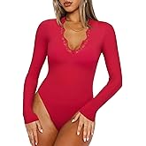 REORIA Women's Lace V Neck Long Sleeve Bodysuits Trendy Going Out Body Suit Tops Fall Outfits 2025