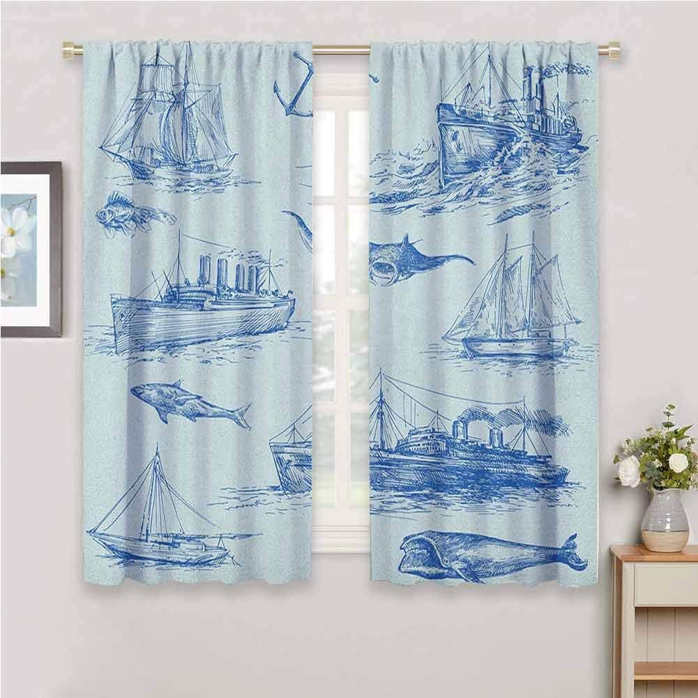 GUUVOR Nautical Premium Blackout Curtains Nautical Underwater Wildlife Shark Ancient Boat Ships Navy Stormy Weather Kindergarten Noise Reduction Curtains W84 x L84 Inch Blue Baby Blue