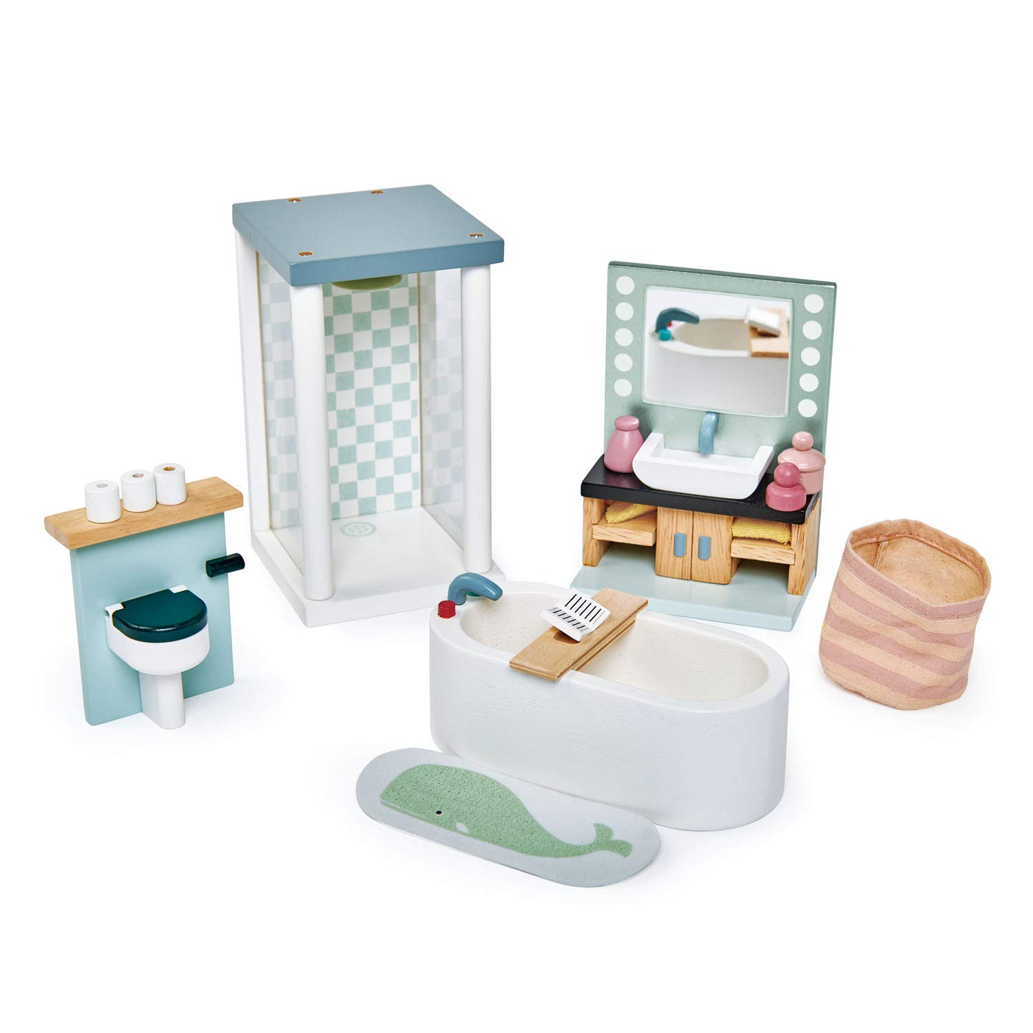 Tender Leaf Toys Dolls House Bathroom Furniture - Wooden Bathroom Suite with Bath, Shower, Toilet and Sink Unit for Dolls 10-12cm Tall