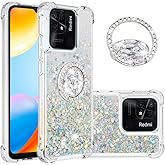 CCSmall Glitter Case for Xiaomi Redmi 10C, Bling Sparkle Floating Liquid Soft TPU Cushion Fashion Girly Women Girls Clear with Ring Holder Phone Cover for Xiaomi Redmi 10C LSZ Silver