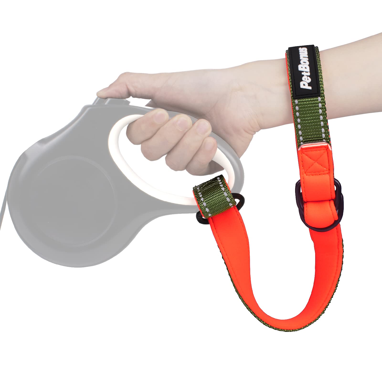 PetBonus Short Dog Lead, Safety Wrist Strap for Retractable Dog Lead, Reflective Design and Adjustable Soft Padded Handle, Extra Layer Security for Pet Stroller (Khaki Green) — image 1
