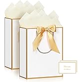 YoungTree 2PCS Medium Gift Bags with Ribbon and 2 Greeting Cards 4 Tissue Papers, Portable Paper Birthday Gift Bags with Handles, Present Bags for Valentines Day Wedding Party Supplies (White-Gold)