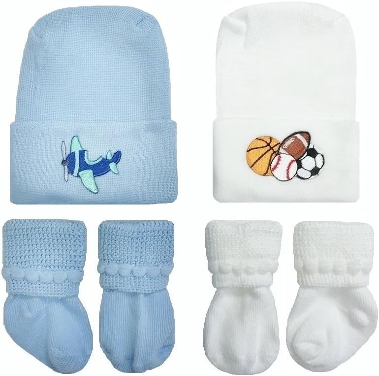 Nurses ChoiceNewborn Baby Boy Airplane & Sports Themed 2 Hats & 2 Pair Sock Set