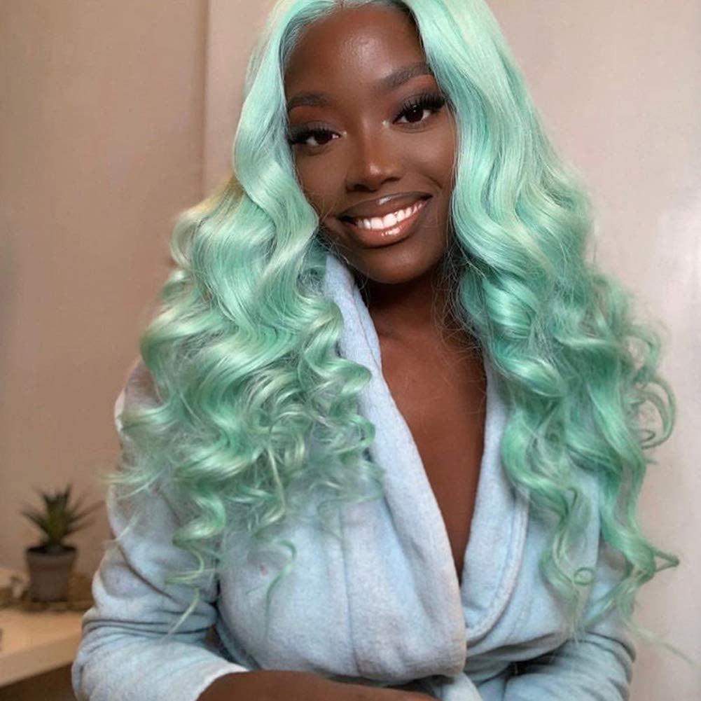 AFBeauty Mint Green Lace Front Wig for Women Synthetic Long Wavy Green Light Color Side Part Wig Heat Resistant Fiber Pre Plucked Cosplay Makeup Party Wigs 24 Inch