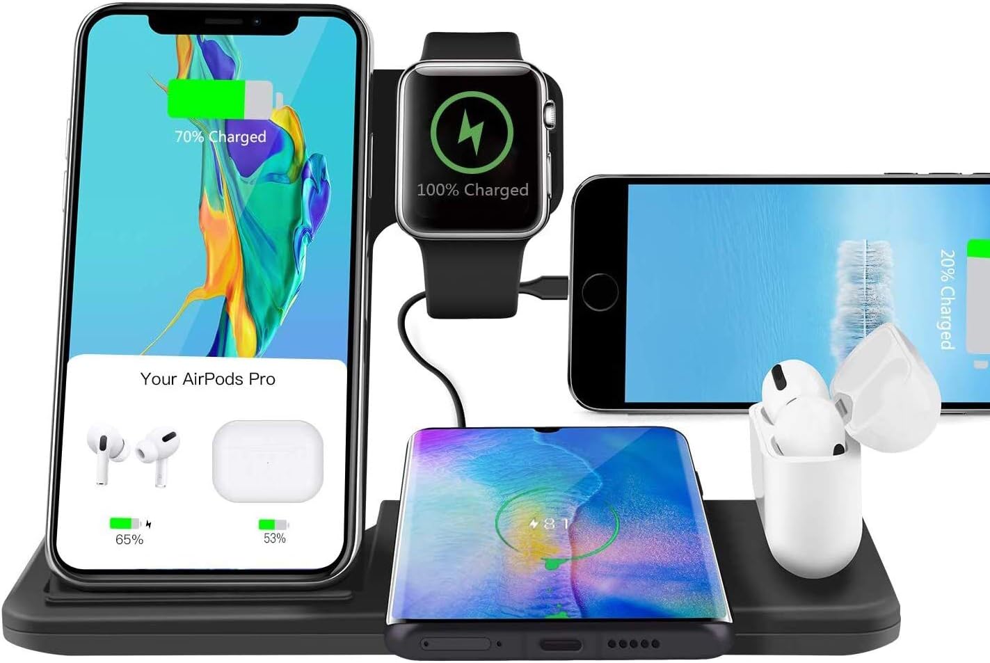 Abitku 5 in 1 Wireless Charger Stand, Wireless Charging Station for Apple Watch Series 5/4/3 & AirPods1/2/Pro & Pencil & iPhone 11 12 Pro Max XR XS Max X SE/Samsung Note 10 S10 / Qi-Certified Phones
