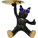 Cozy Villa French Bulldog Tray Statue, Black Frenchie Sculpture with Gold Tray for Entrance Coffee Table Décor, Dog Key Holder Jewelry Trays