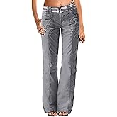 Flamingals Wide Leg Bootcut Cargo Pants for Women Casual Mid Waist Flap Pocket Seam Front Work Dress Pants Without Belt