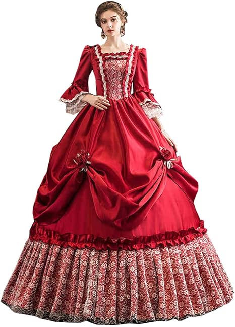 Amazon ロモハナガ 宮廷服ドレス レッドワンピース ヨーロッパ ワンピース レース 劇場 王族服 パーティー 演奏会 花柄 中世 刺繍 ワイン レッド 人気お姫様ドレス プリンセスライン オペラ声楽 舞台 中世 貴族 衣装 ロングドレス 演出用 レッド M コスプレ 仮装 通販