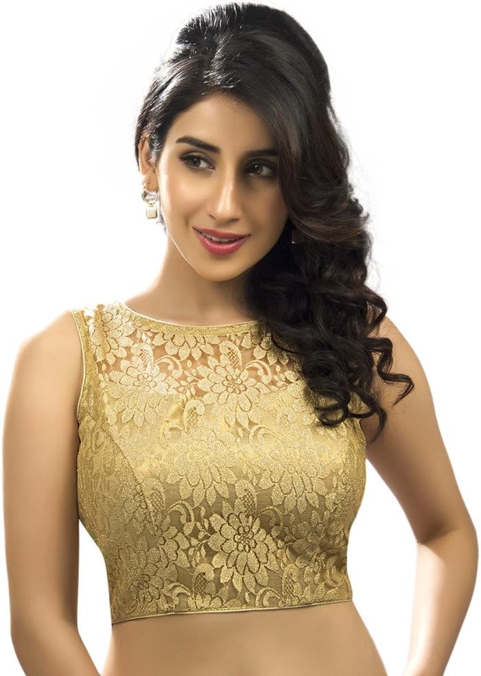 Bollywood Blouses Women's Designer Fine Zari Floral Pattern Net Saree Blouse Gold