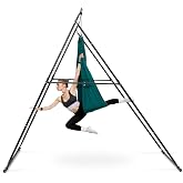 VEVOR Yoga Stand Frame, 9.6 ft Aerial Silk Swing Stand, Max 551.2 lbs Load Capacity, Triangular Structure with Non-Slip Base &amp; EVA Foam, 4-Level Horizontal &amp; 6-Level Vertical Adjustment, Detachable Frame with 6.6-Yard Yoga Hammock,Silver/Black