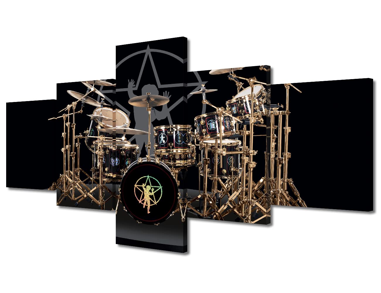 Music Bar Deocr Drum Wall Art Picture, Rock Roll Musical Equipment on Stage Cool Drum Set Painting on Canvas, 5 Pieces Modern Artwork Home Decorations Stretched and Framed Ready to Hang - 50"Wx24"H