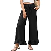 EVALESS Womens Wide Leg Pants Drawstring Elastic High Waisted Ruffle Hem Palazzo Pants with Pockets