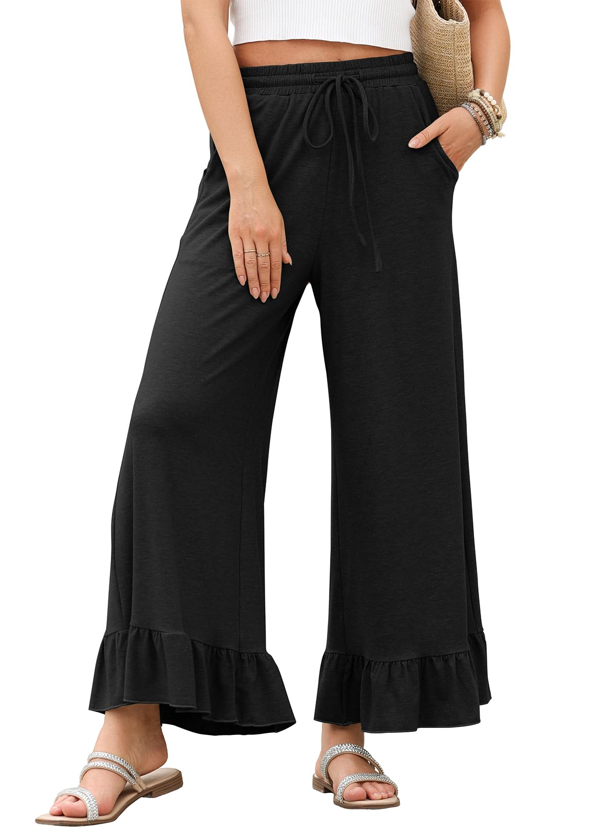 EVALESS Women's High Waisted Drawstring Pants - Loose Comfortable Casual Trousers With Pockets