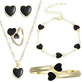 RLHRNDE 5 Pcs Heart Jewelry Set for Women Exquisite Heart Pendant Necklace Stud Earrings Adjustable Ring 14K Gold Enamel Love Bracelet Wedding Christmas Valentine's Day Jewelry Best Gifts
