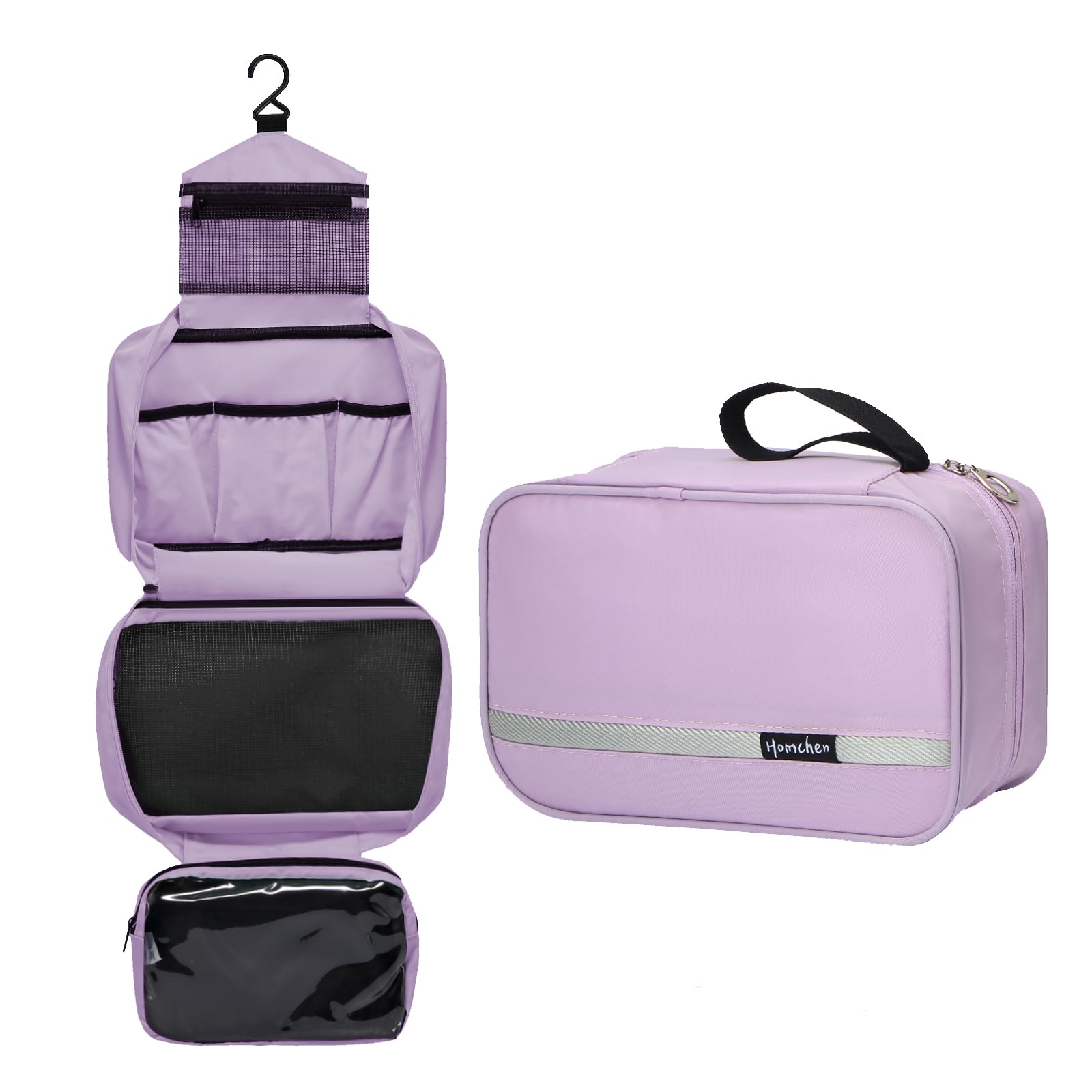 Homchen Hanging Travel Toiletry Bag, Waterproof Folding Portable Cosmetic Wash Bag for Men and Women (M, Light Purple)