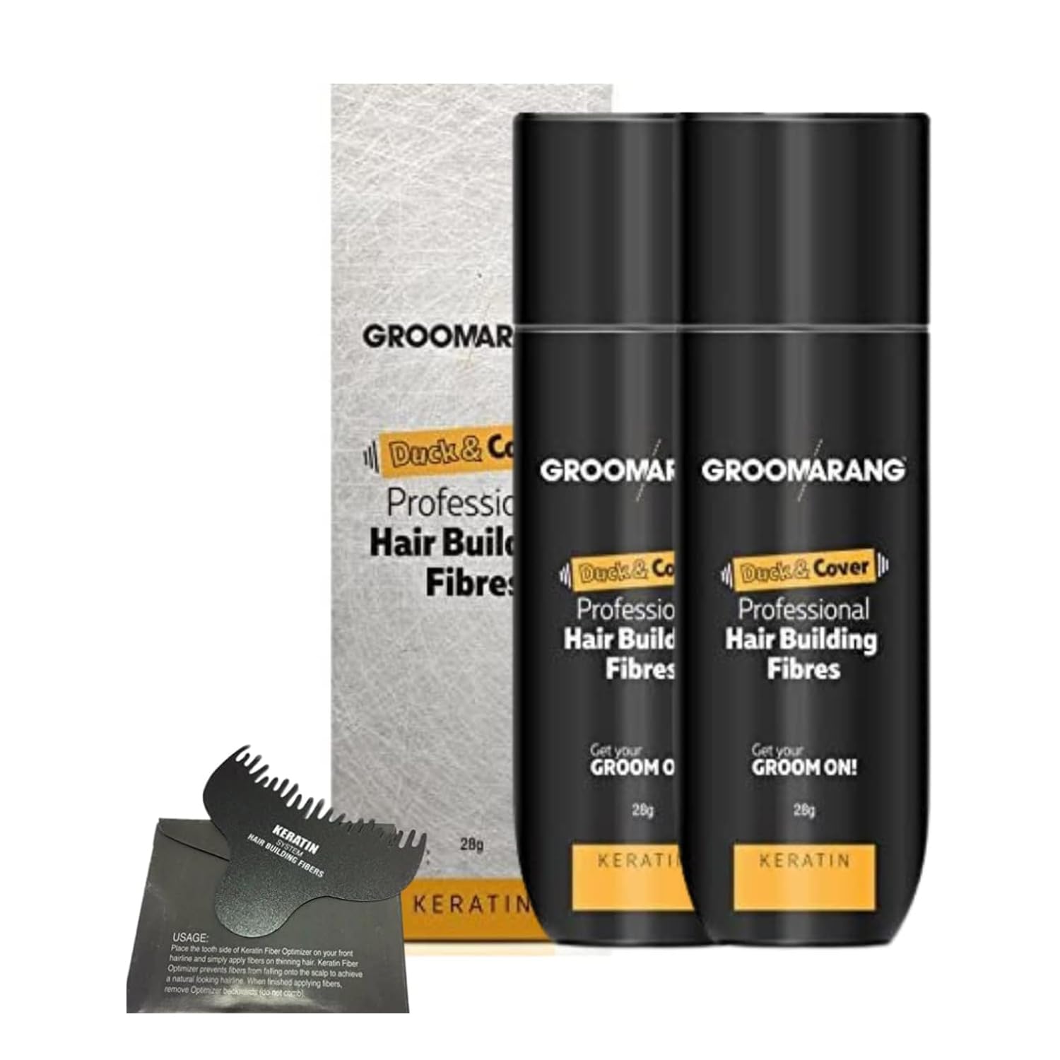 Hair Fibres x2 GROOMARANG Keratin Hair Building Fibres for Thinning Hair - Instantly Conceals Thinning Areas for Fuller Thicker Hair - For Men & Women 28g PLUS Hairline Optimiser (Black)
