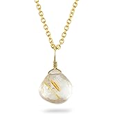 CRYSTALINES Natural Golden Rutiled Quartz Gemstone Necklace, Teardrop Stone Dainty Pendant, Handmade Boho Jewelry, Chakra & Reiki Healing Crystal, Gold Plated Chain, Christmas Gift, 18inch