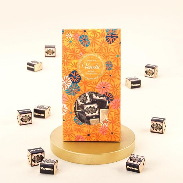 VENCHI – MURRINE GIFT BOX WITH 25 CREMINO EXTRA DARK CHOCOLATES, WITH MEDITERRANEAN ALMOND PASTE AND CREAMY PIEDMONT HAZELNUT GIANDUJA CHOCOLATE, GLUTEN-FREE AND VEGAN