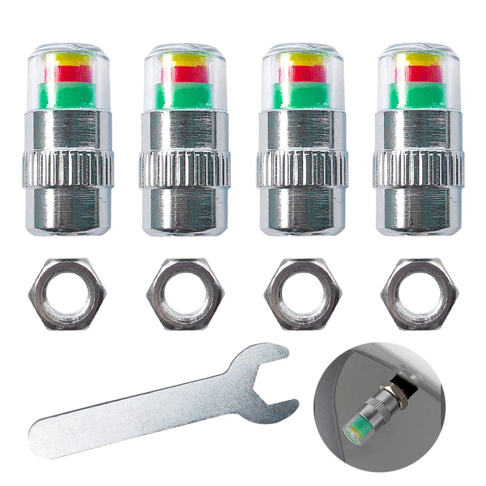 QitinDasen 4Pcs Premium Car Tire Tyre Pressure Monitor Valve Stem Caps, Warning Safety 3 Colors Sensor Indicator, Tyre Valve Dust Cover Air Valve Caps, Anti-theft Caps with Nuts & Wrench