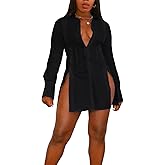 SEMATOMALA Women's Button Down Shirt Dress Collar V Neck Long Sleeve Slit Sexy Blouse Tops Mini Dresses