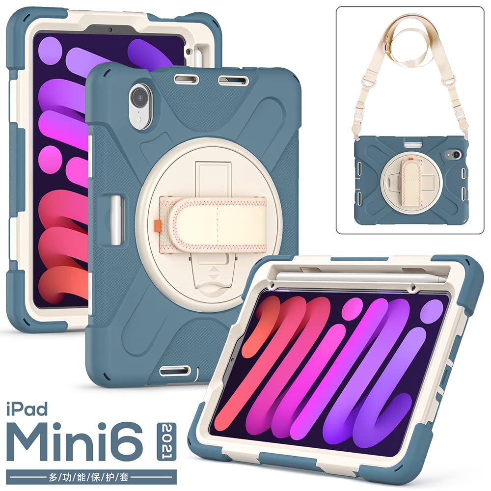 iPad Mini 6th Generation 2021 Case with Pen Holder, Shockproof Heavy Duty Case for iPad 8.3 Inch with Rotating Stand and Hand Strap, Navy Blue
