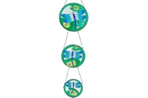 VEWOGARDEN Dragonfly Stained Glass Window Hangings, Round Handcrafted Suncatcher Panel with 3 Pieces Hanging Successively Within Chains Window Hanging Decor Gifts (6" W x 22.8" H)