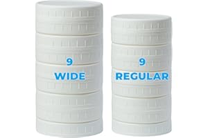 Bedgeta 18 Pack White Plastic Mason Jar Lids with Silicone Rings, 9 Wide Mouth & 9 Regular Mouth Canning Lids for Ball & Kerr and More, 86mm &70mm Plastic Mason Jar Lids