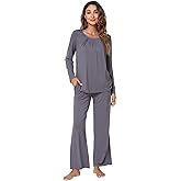 WiWi Bamboo Viscose Pajamas Sets for Women Lace Trim Long Sleeve Sleepwear Lounge Sets Plus Size Pjs with pockets S-4X