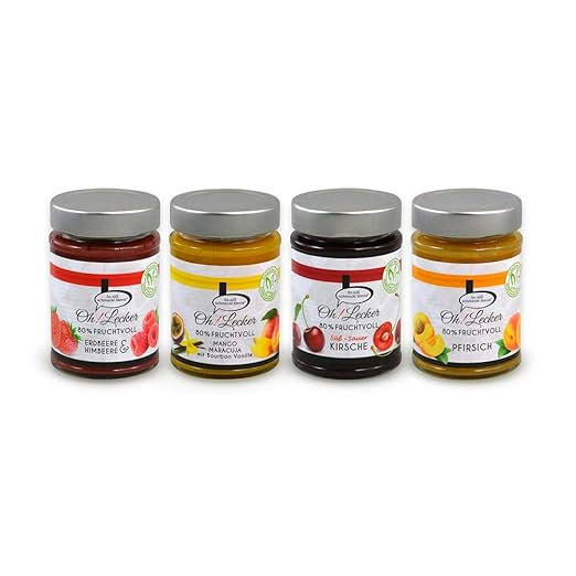 4 Sorten Oh! Lecker low-carb 80% Frucht Erdbeere,Mango,Kirsche,Pfirisch Stevia Fruchtaufstriche a 180 g| ohne Zuckerzsuatz & 