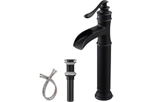 BWE Vessel Sink Faucet Waterfall Matte Black with Pop Up Drain Without Overflow and Supply Lines, Black Sink Faucet Bathroom One Handle Faucets Vanity Bath Mixer Tap