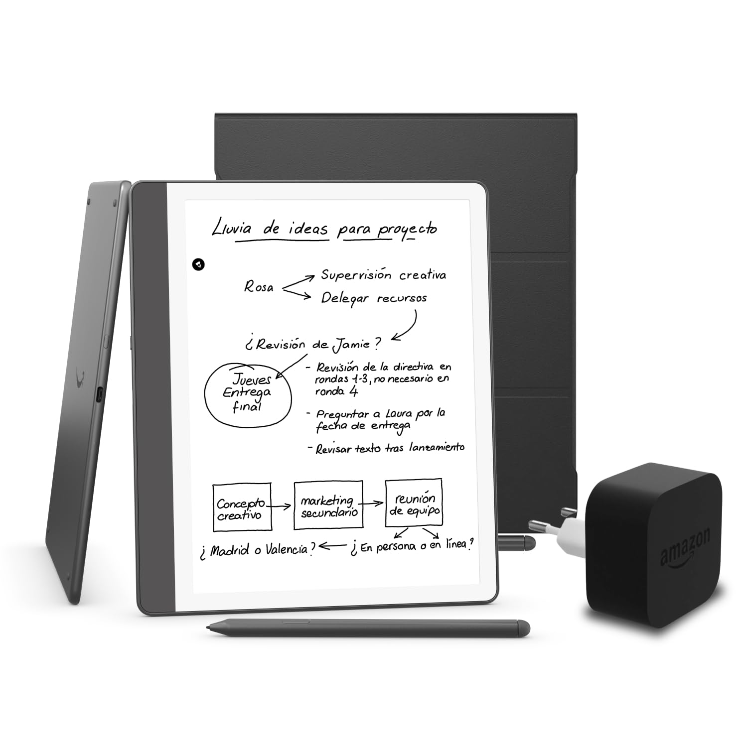 Kindle Scribe (versión 2024) de 32 GB, una funda basada en plantas de Amazon y un adaptador de corriente Amazon Powerfast de 9 W