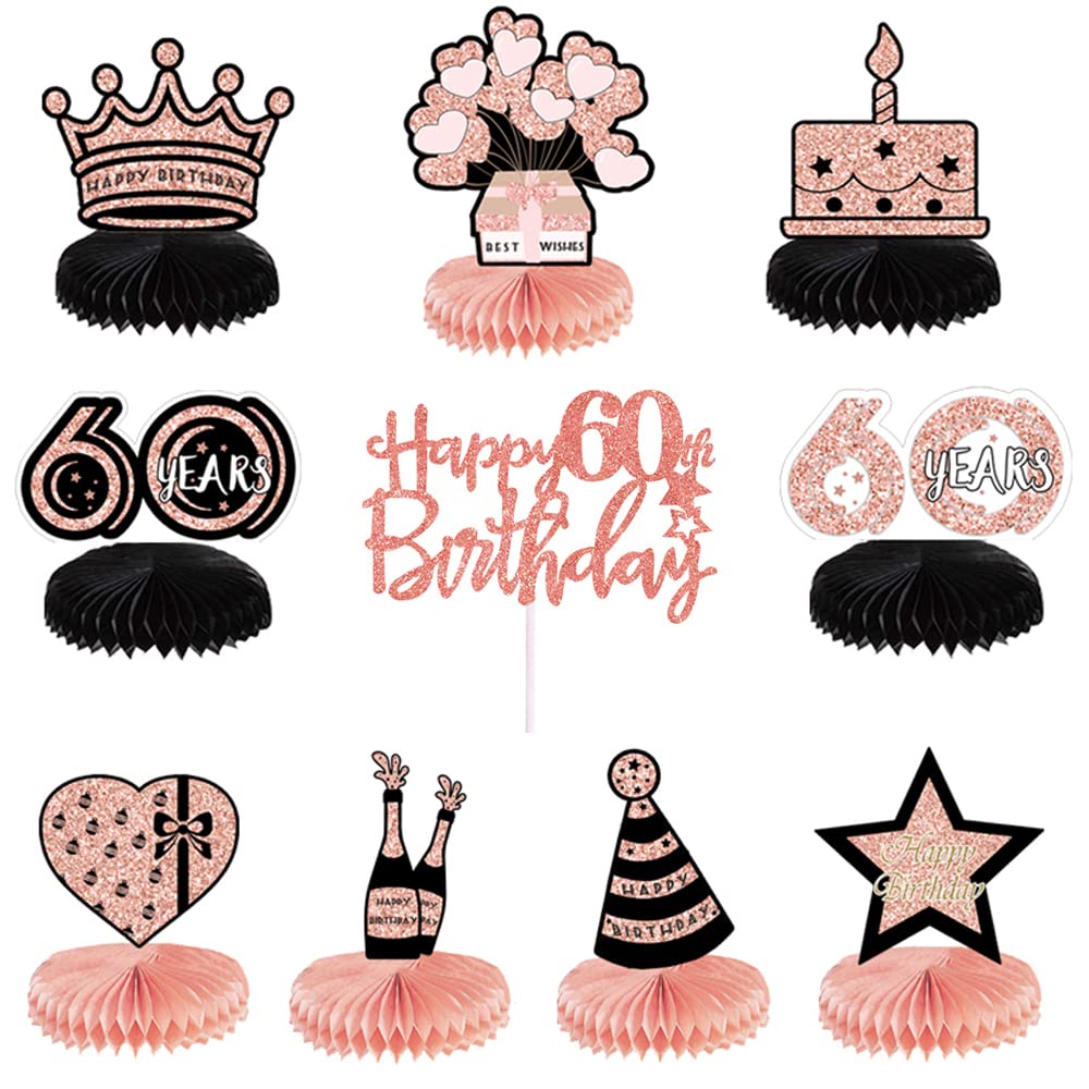 10 Pcs Happy 60th Birthday Party Centerpieces,Birthday Honeycomb Table Decorations Birthday Party Packs With Cake Topper Rose Gold Table Topper For 60th Birthday Decorations (60th)
