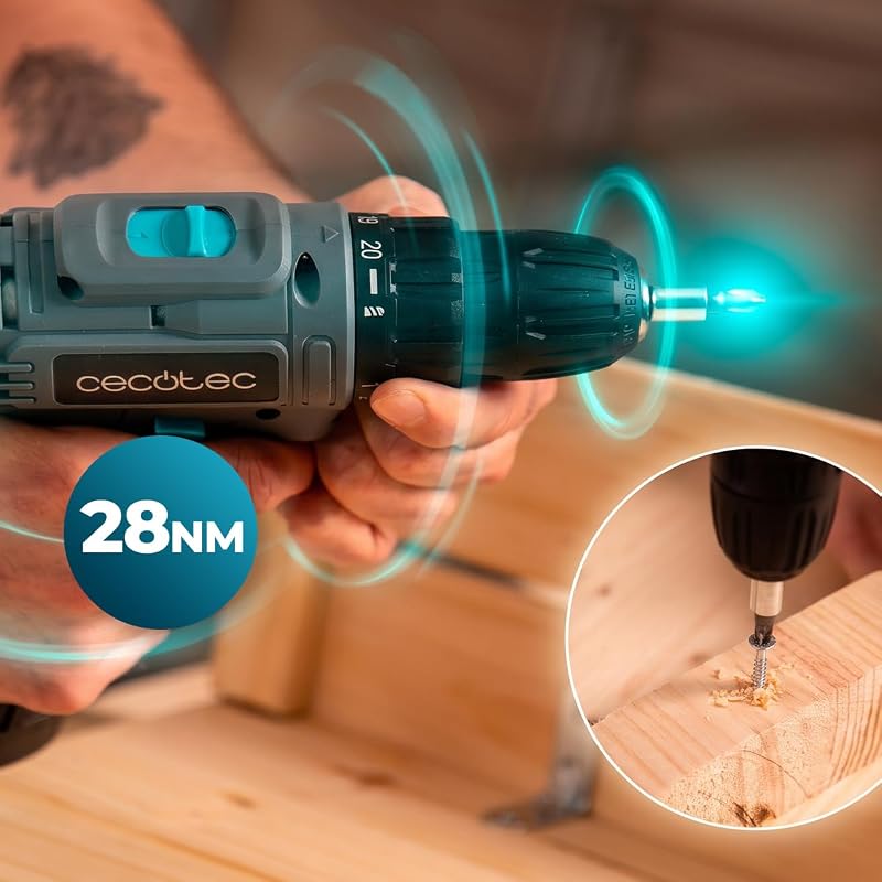 Perceuse à Batterie PowerForce 1000. 12V 2000mAh, 2 Vitesses 400/1400rpm, Couple de Serrage 28Nm en 20 Niveaux, LED, Changement de Mèche sans Clé, Design Ergonomique, Inclut Embouts et Mèches