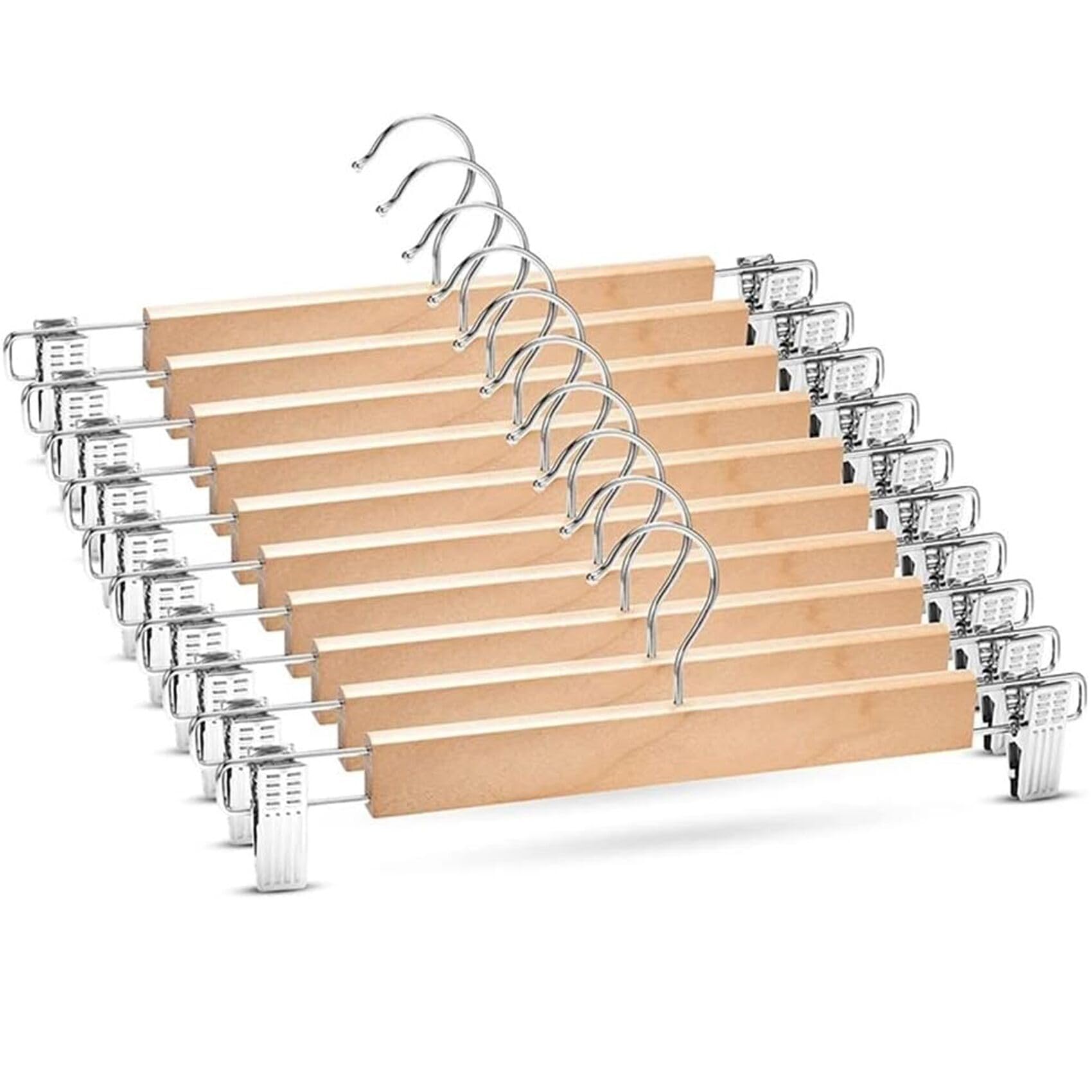 Niulab 35cm Natural Wooden Trouser Hanger, 10PCS Smooth Wood Pant Hangers, Space Saving Skirt Hangers with Adjustable Clips, Heavy Duty Chrome Clothes Hangers Clothes Hook