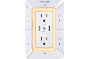 USB Wall Charger, Surge Protector, POWRUI 6-Outlet Extender with 2 USB Charging Ports (2.4A Total) and Night Light, 3-Sided Power Strip with Adapter Spaced Outlets - White，ETL Listed