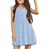 Mafulus Girls Ruffle Sleeve Dress Kids V Neck Button Down Tiered Swing A-Line Summer Beach Sundress Outfit 5-14T