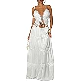 Floerns Women's 2 Piece Outfit Lace Trim Tie Front Camisole Top Tiered Maxi Skirts Set