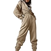 COZYPOIN Women Fleece Jumpsuits One Piece Outfits Hooded Sweatshirt Set High Waist Ladies Jumpsuit