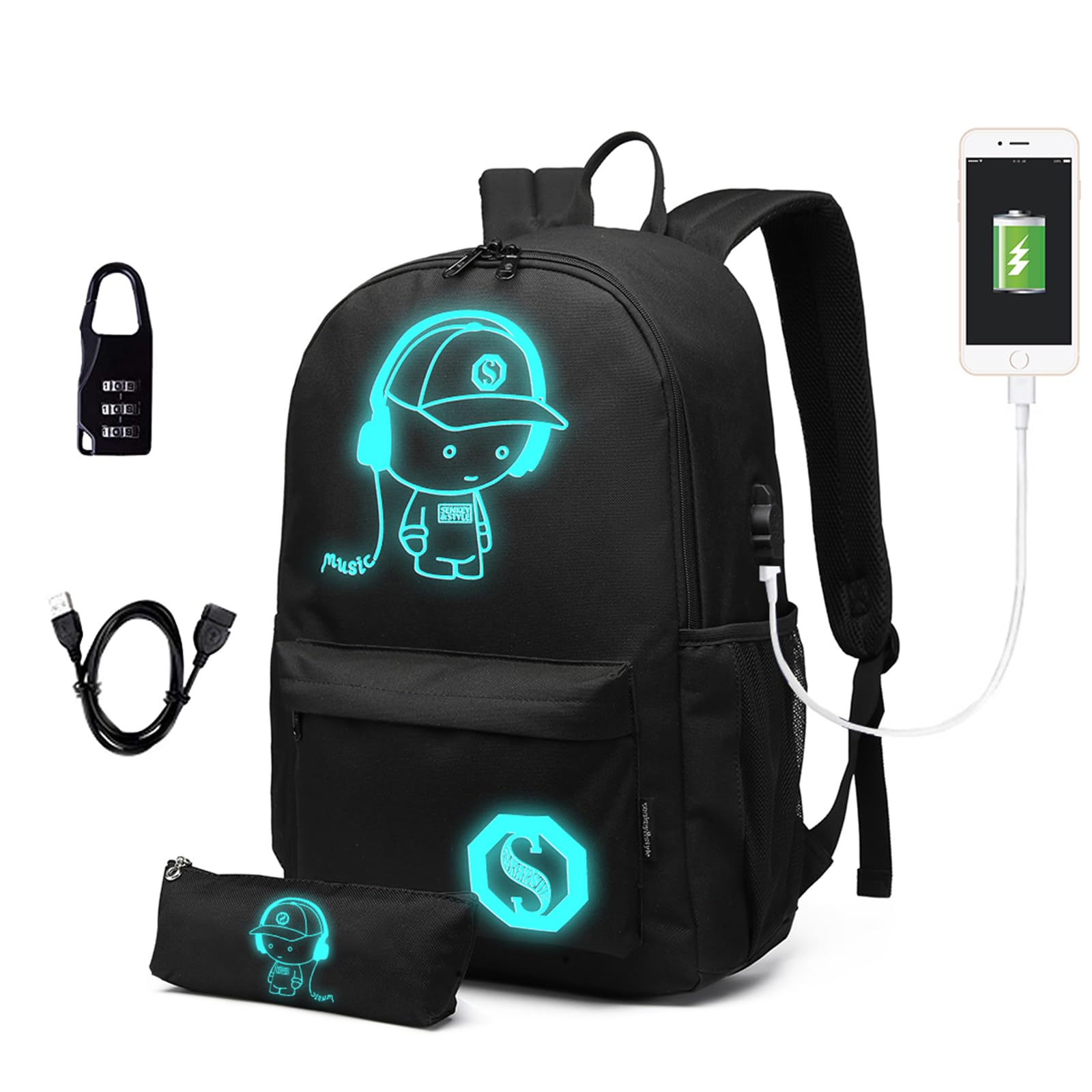 Kono School Bag Anime Luminous School Backpack for Boys Girls Teenagers College Students Travel Rucksack Casual Daypack Glow in The Dark 15.6 inch Laptop Backpack Black