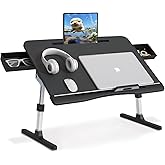 Bed Desk for Laptop, Adjustable Lap Desk with 2 Storage Drawers, Premium PVC Leather, Foldable Laptop Table for Eating, Working, Writing and Drawing