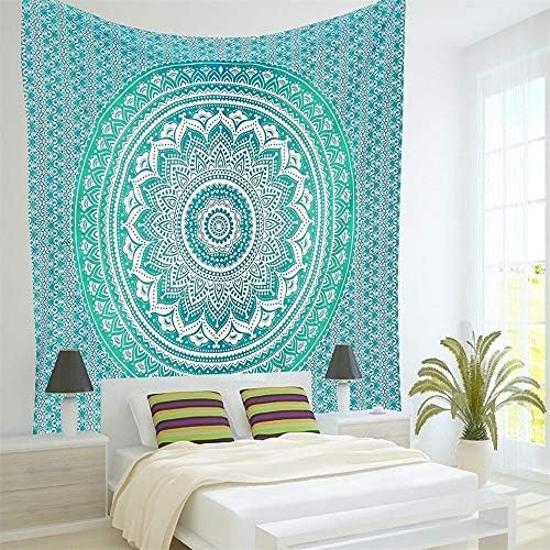 Tapestry Wall Hanging Mandala Pattern Bohemian Flowers Lotus Circles Indian Hippie Teal Turquoise Blue BOHO Wall Tapestry Spring Fall Home Decor for Bedroom Living Room Premium Peached Material